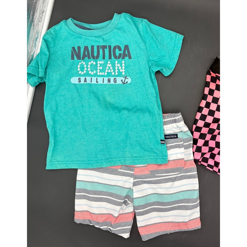 Nautica Hurley Boys 4T 3pc Bundle Teal Shirt Striped Short Checkered Swim Trunks